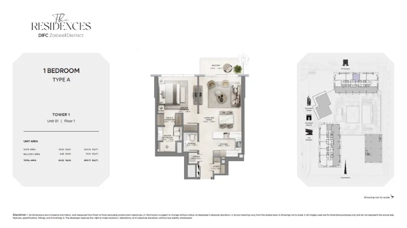 The Residences DIFC 1 Bedroom Type A floor plan