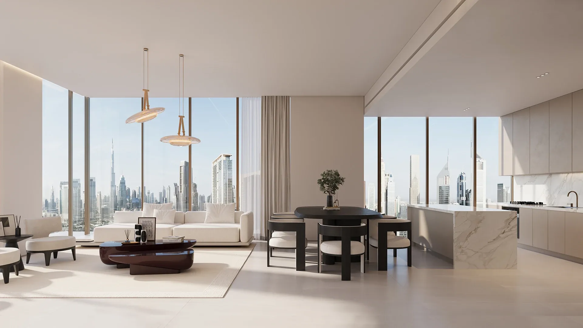 Living room at The Residences DIFC with floor-to-ceiling windows