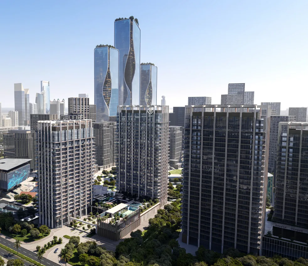 Daytime aerial of The Residences DIFC and the Dubai skyline