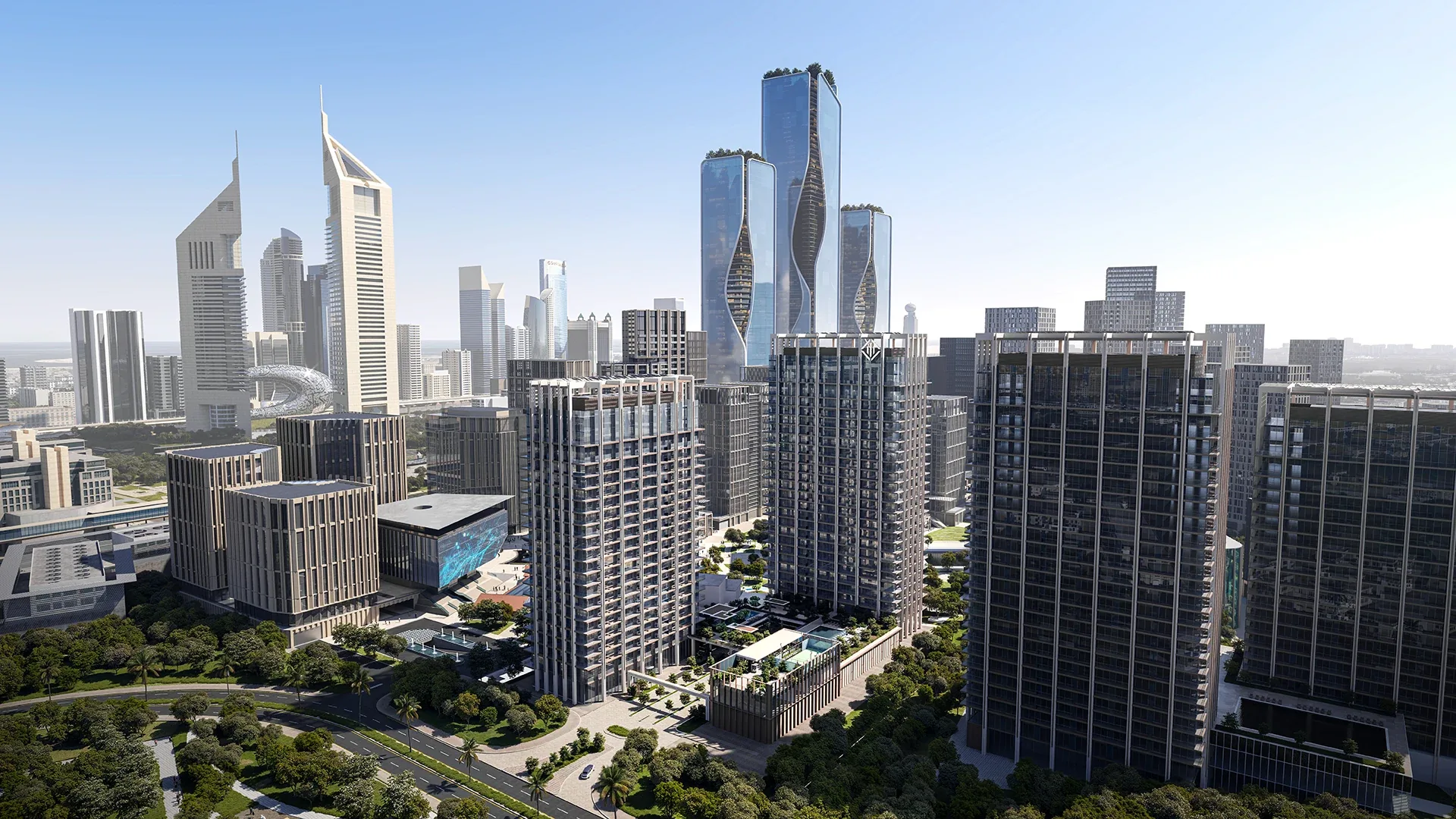 Aerial view of The Residences DIFC towers in DIFC Zabeel District