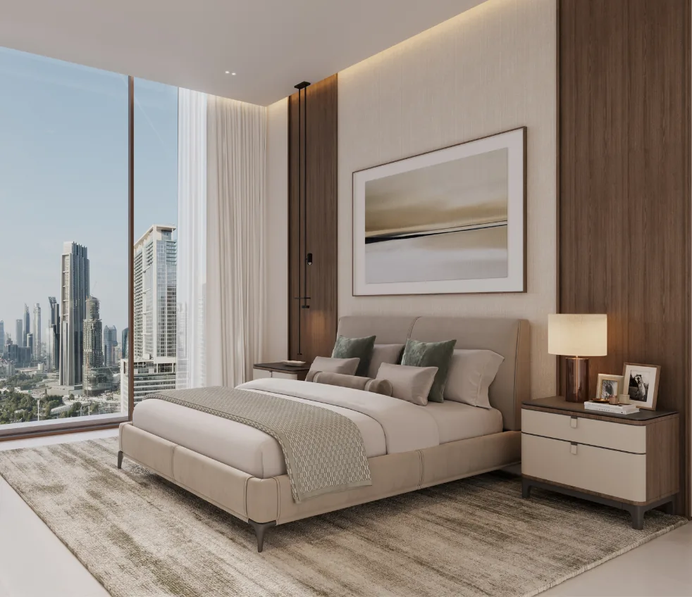 Bedroom with skyline view at The Residences DIFC