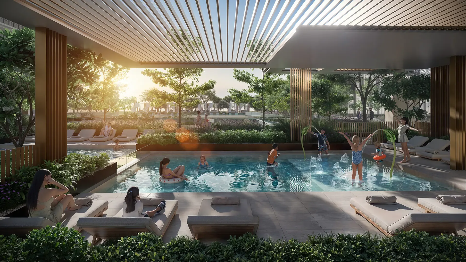 Family pool with shaded pergola at The Residences DIFC