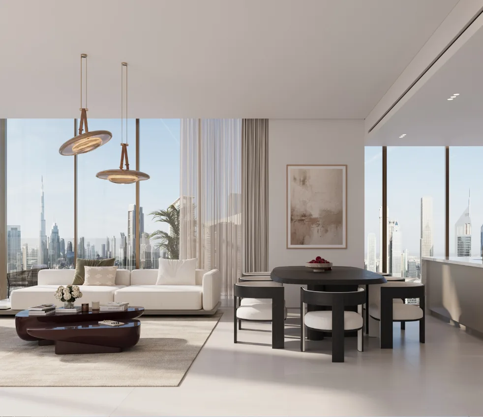 Open-plan living room at The Residences DIFC with floor-to-ceiling windows