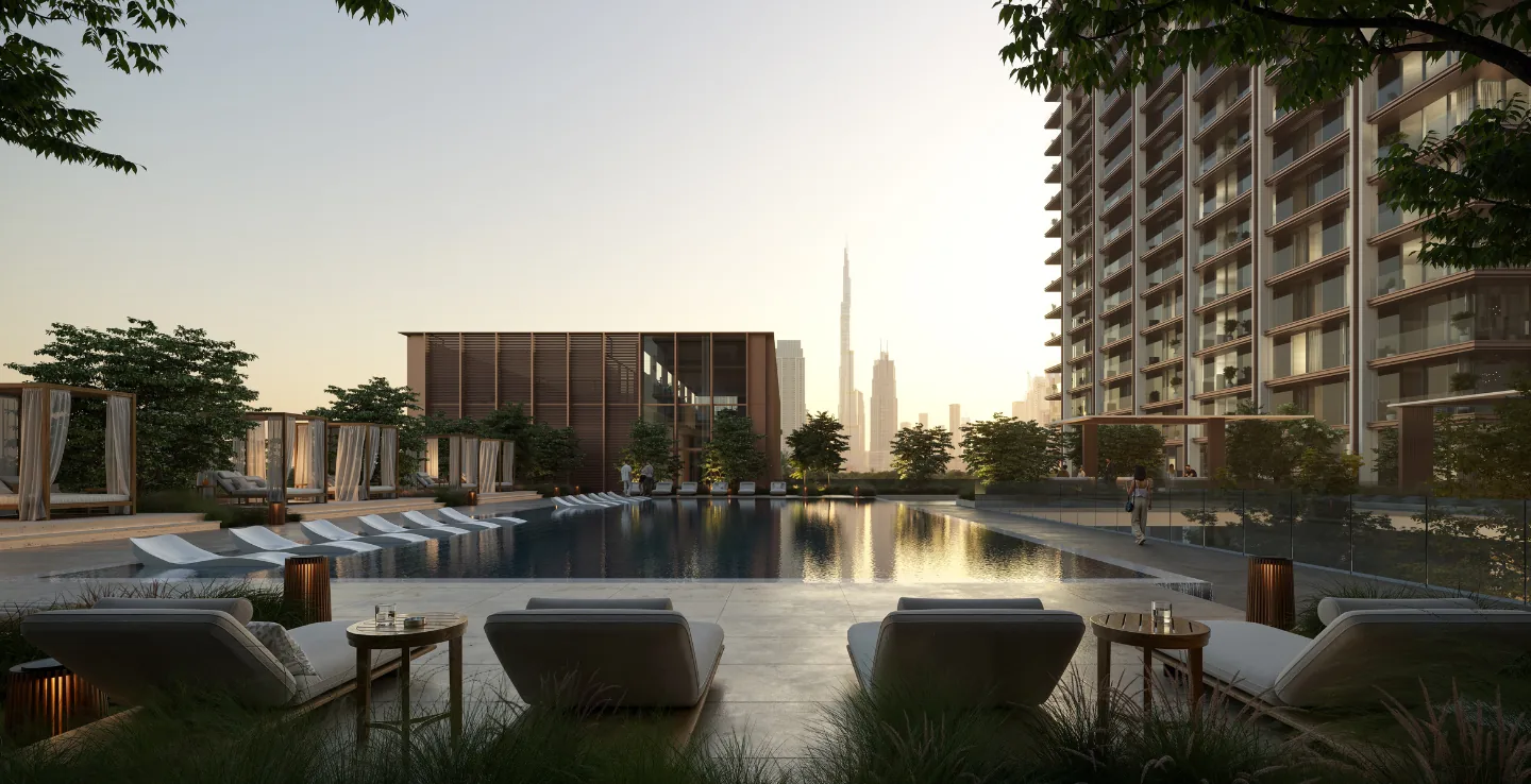 Pool deck at The Residences DIFC facing Burj Khalifa