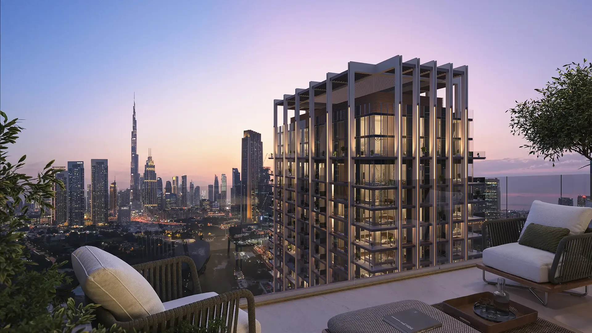 Private terrace at The Residences DIFC with Burj Khalifa views at twilight