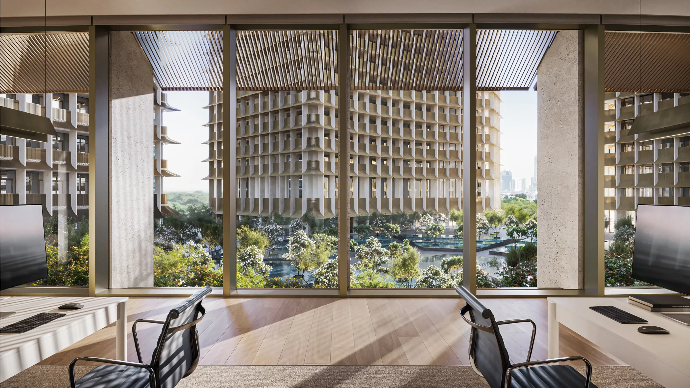 View over the Water Gardens DIFC landscaped garden from the offices