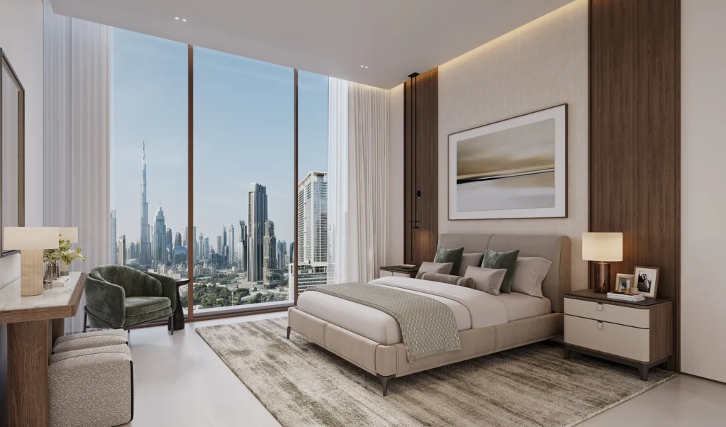 1-bedroom apartment interior at The Residences DIFC featuring luxury bedroom design and skyline views