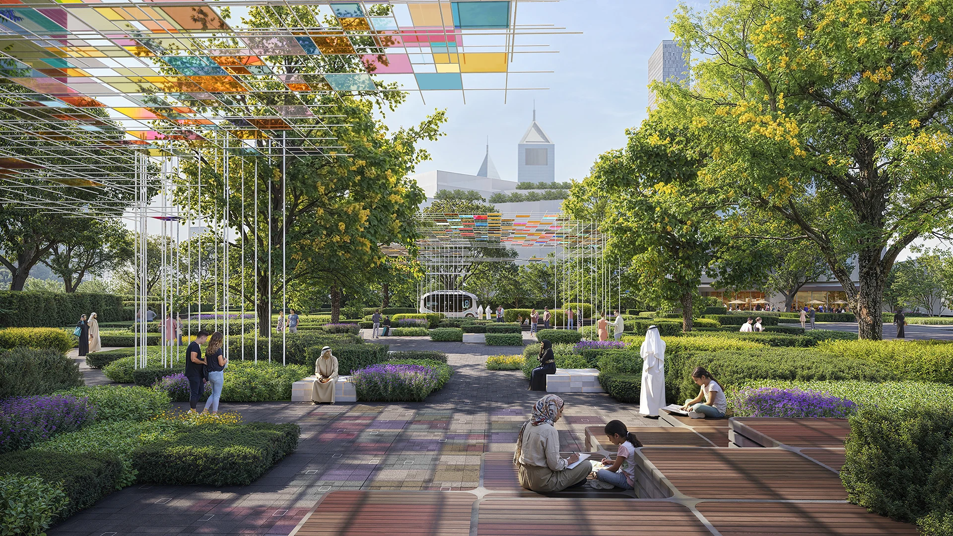 Green public spaces and landscaped destination areas at The Residences DIFC in DIFC Zabeel District